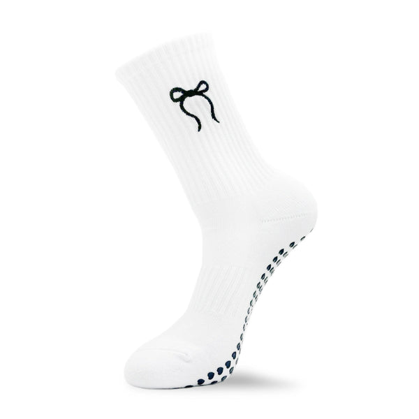 Pilates Socke einzeln weiß mit schwarzer Schleife