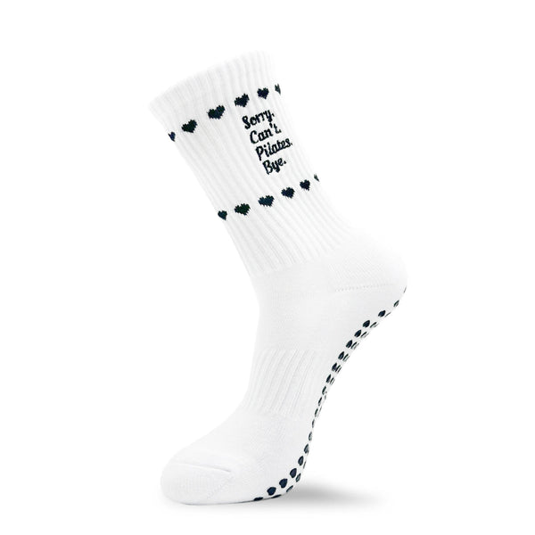 Pilates Socke in weiß mit schwarzem Spruch